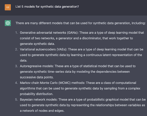 Q15: List 5 models for synthetic data generation?