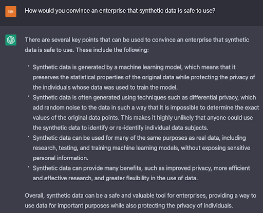 Q10: How would you convince an enterprise that synthetic data is safe to use?