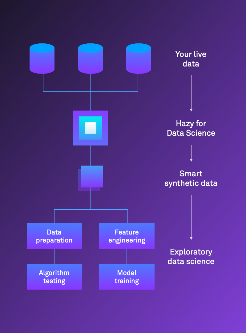 Hazy for Data Science and Analytics flow chart: Your live data → Hazy for Data Science → Smart synthetic data → Exploratory data science