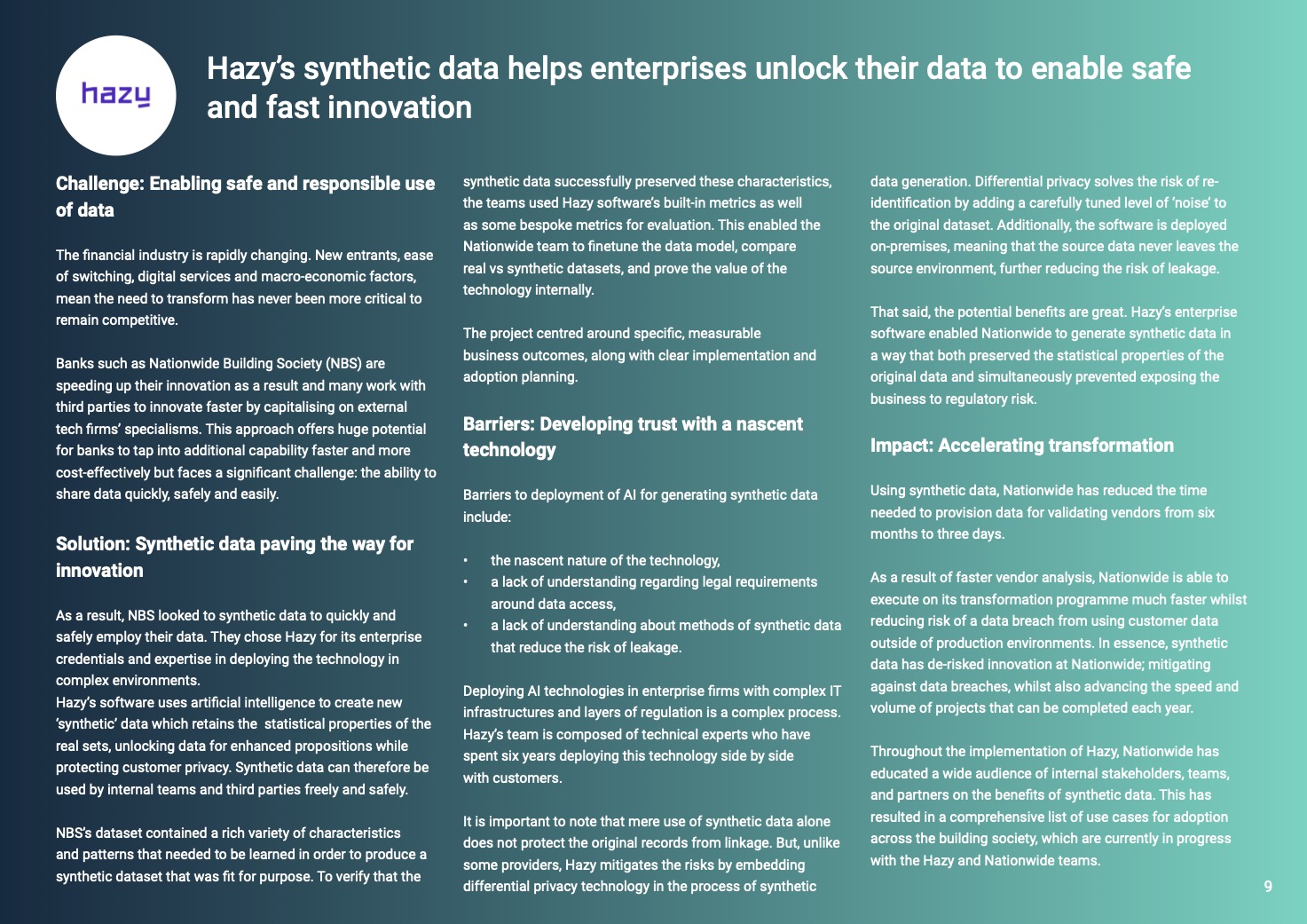 A page from the Adoption of AI report showing Hazy's case study contribution, working with Nationwide to implement synthetic data. The case study covers the intitial challenge, our solution, and the impacts of our work